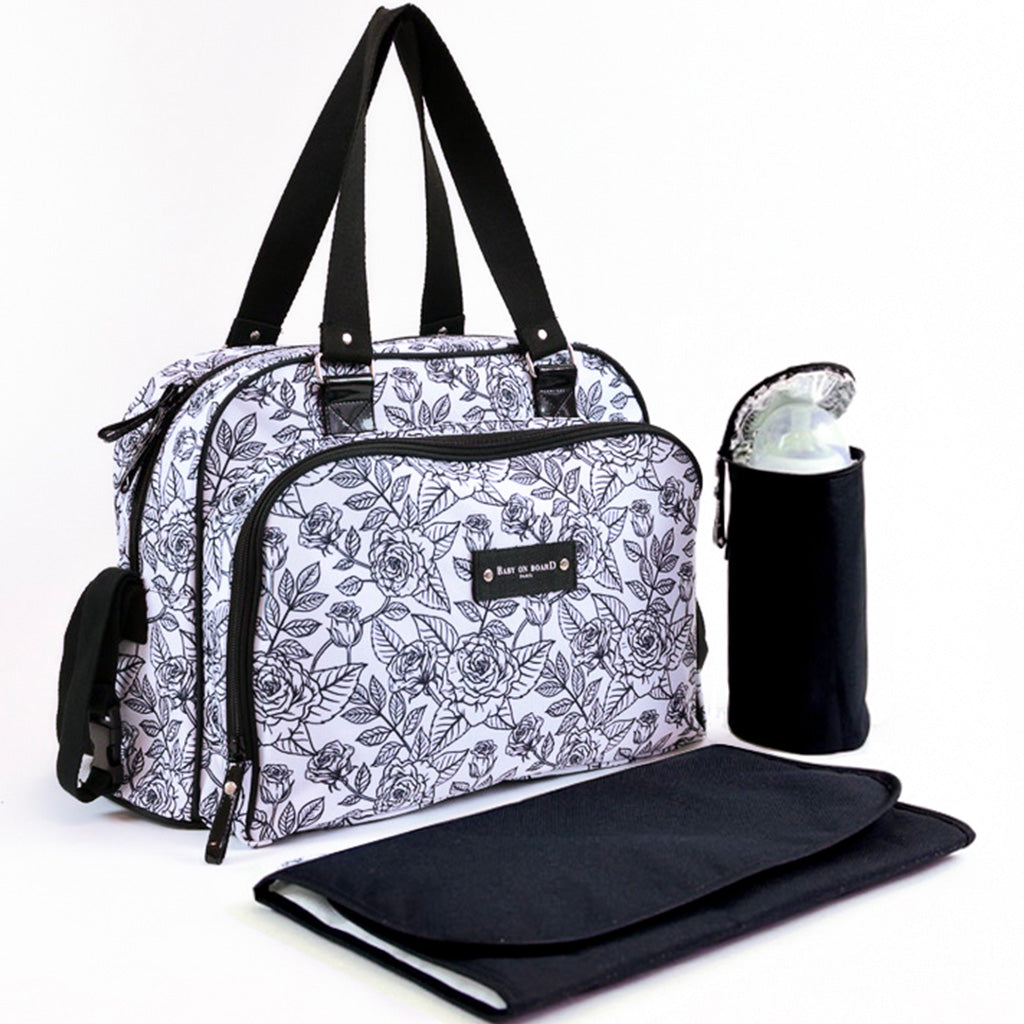 Sac à langer simply noir et blanc motif rose