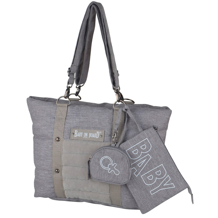 Sac à langer Citizen Stone Baby on Board gris, au design cabas élégant avec anses longues et pochette assortie.