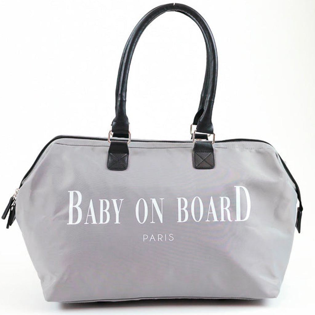 Sac à langer Jameston Baby on Board gris avec poignées noires, un modèle chic et fonctionnel pour les parents modernes.