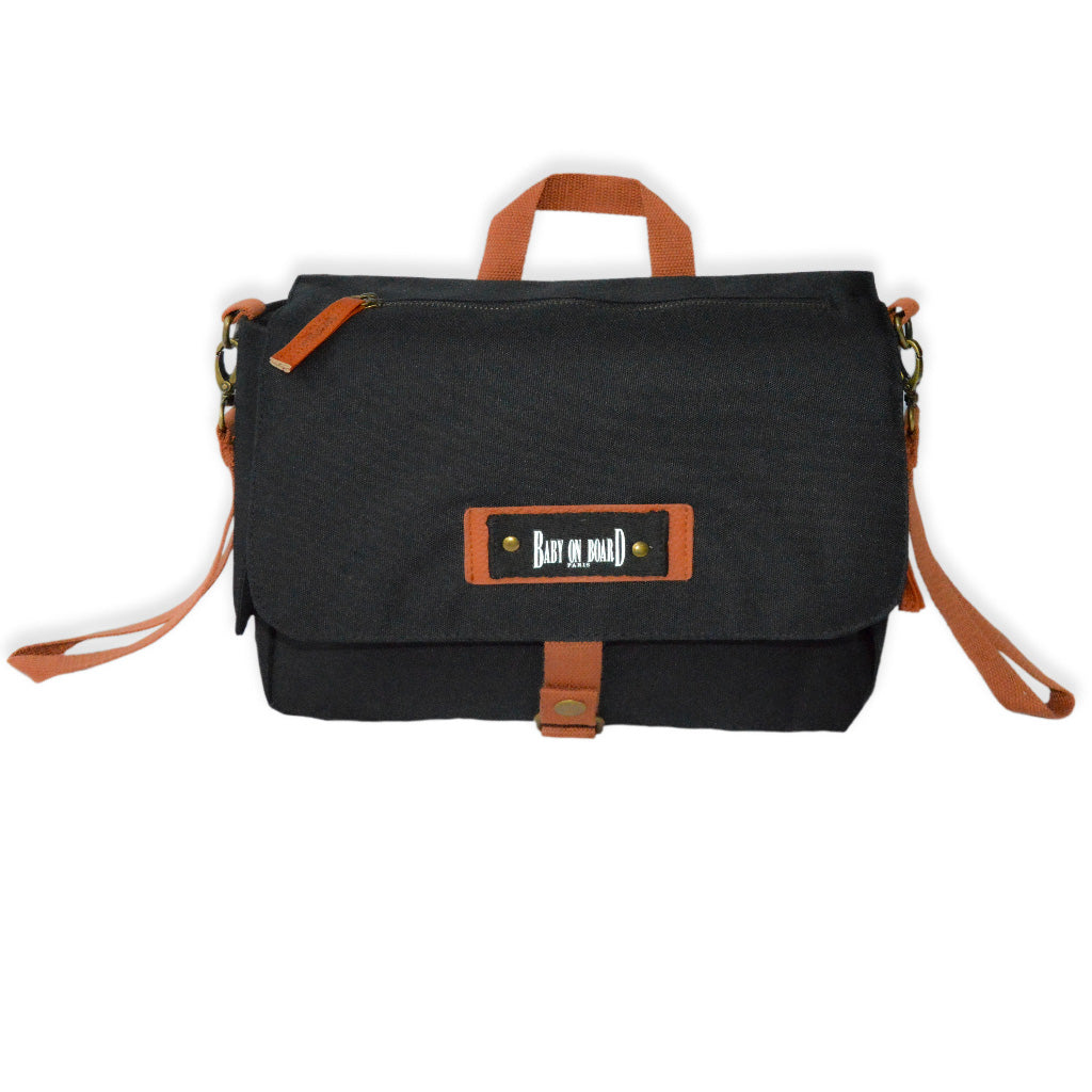 Mini sac à langer Miniz' Bag Black Baby on Board, compact et élégant avec détails en cuir, idéal pour transporter l'essentiel de bébé.