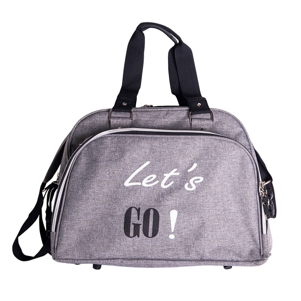 Sac à langer Simply Let's Go gris avec inscription "Let's Go !" et double anse pour un transport facile.