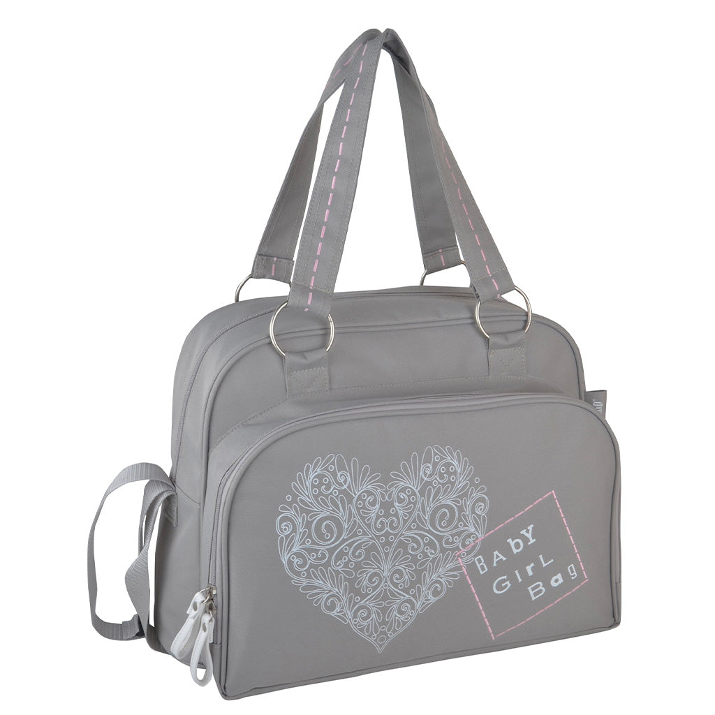 Sac à langer Simply Love Romance Baby on Board gris avec motif cœur argenté, élégant et fonctionnel pour les parents en déplacement.