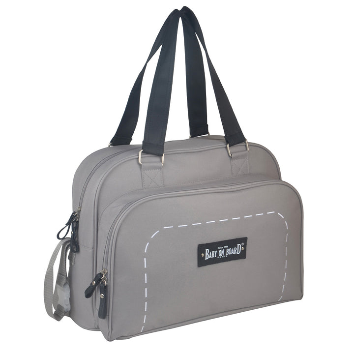 Sac à langer Simply Sushi gris avec double anse et compartiments pratiques pour l’organisation des affaires de bébé.